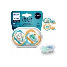 Силіконова пустушка philips avent ultra air animal 6-18 міс. 2 для хлопчиків 2 шт. (scf080/07)